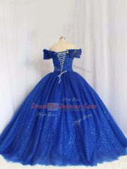 Royal Blue Ball Gowns Hand Made Flower Quinceanera Dresses Lace Up Tulle Cap Sleeves Floor Length