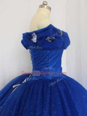 Royal Blue Ball Gowns Hand Made Flower Quinceanera Dresses Lace Up Tulle Cap Sleeves Floor Length