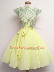 High Class Yellow A-line Scalloped Cap Sleeves Chiffon Knee Length Lace Up Lace and Belt Dama Dress