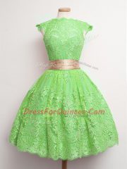 Cap Sleeves Knee Length Belt Lace Up Quinceanera Court Dresses with Green
