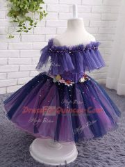 Purple Lace Up Off The Shoulder Beading and Hand Made Flower Flower Girl Dress Tulle Short Sleeves