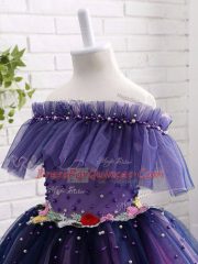 Purple Lace Up Off The Shoulder Beading and Hand Made Flower Flower Girl Dress Tulle Short Sleeves
