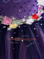 Purple Lace Up Off The Shoulder Beading and Hand Made Flower Flower Girl Dress Tulle Short Sleeves