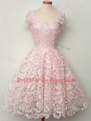 Cap Sleeves Lace Knee Length Lace Up Quinceanera Court Dresses in Baby Pink with Lace