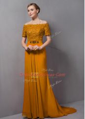 Simple Short Sleeves Lace Zipper Prom Dresses with Gold Sweep Train
