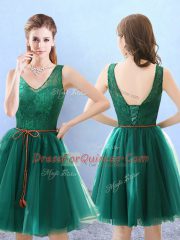 Knee Length Backless Dama Dress for Quinceanera Green for Prom and Party with Lace