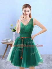 Knee Length Backless Dama Dress for Quinceanera Green for Prom and Party with Lace