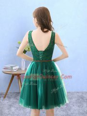 Knee Length Backless Dama Dress for Quinceanera Green for Prom and Party with Lace