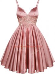 Pink A-line Lace Quinceanera Court Dresses Lace Up Elastic Woven Satin Sleeveless Knee Length