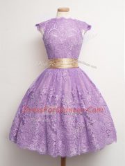 Free and Easy Lace High-neck Cap Sleeves Lace Up Belt Court Dresses for Sweet 16 in Lavender