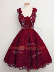 Eye-catching Knee Length Wine Red Quinceanera Court Dresses Lace Sleeveless Lace