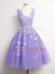 Extravagant Tulle Sleeveless Knee Length Dama Dress and Appliques
