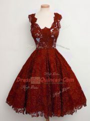 Fancy A-line Dama Dress for Quinceanera Rust Red Straps Lace Sleeveless Knee Length Lace Up
