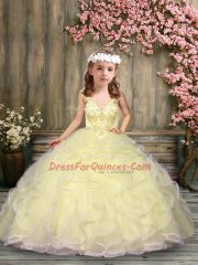 Elegant Tulle Spaghetti Straps Sleeveless Lace Up Beading and Ruffles Little Girls Pageant Gowns in Light Yellow