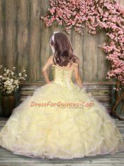 Elegant Tulle Spaghetti Straps Sleeveless Lace Up Beading and Ruffles Little Girls Pageant Gowns in Light Yellow