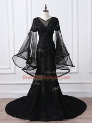 Best Selling Black Long Sleeves Tulle Brush Train Lace Up Homecoming Dress for Prom and Sweet 16