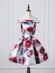 Exquisite A-line Dress for Prom Multi-color Off The Shoulder Printed Sleeveless Mini Length Lace Up