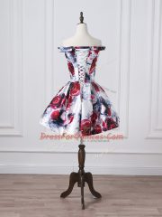 Exquisite A-line Dress for Prom Multi-color Off The Shoulder Printed Sleeveless Mini Length Lace Up