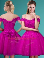 Cap Sleeves Knee Length Lace and Belt Lace Up Court Dresses for Sweet 16 with Fuchsia