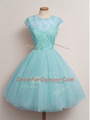 Artistic Scoop Cap Sleeves Damas Dress Knee Length Lace Aqua Blue Tulle