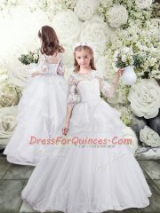 Nice White Half Sleeves Brush Train Lace and Ruffles Flower Girl Dress