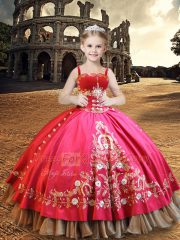 Taffeta Straps Sleeveless Lace Up Embroidery Little Girls Pageant Gowns in Hot Pink
