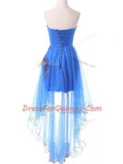 Custom Fit Tulle Sweetheart Sleeveless Lace Up Appliques Evening Dress in Blue