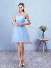 Traditional Blue Tulle Lace Up Quinceanera Dama Dress Sleeveless Knee Length Ruching