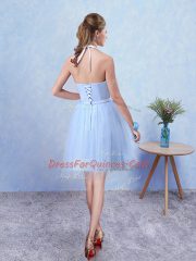 Traditional Blue Tulle Lace Up Quinceanera Dama Dress Sleeveless Knee Length Ruching