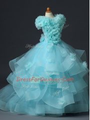 High-neck Sleeveless Child Pageant Dress Floor Length Ruffles and Hand Made Flower Aqua Blue Tulle