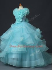 High-neck Sleeveless Child Pageant Dress Floor Length Ruffles and Hand Made Flower Aqua Blue Tulle