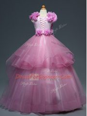 High-neck Sleeveless Child Pageant Dress Floor Length Ruffles and Hand Made Flower Aqua Blue Tulle