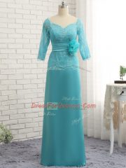 3 4 Length Sleeve Chiffon Zipper in Baby Blue with Lace and Appliques