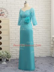 3 4 Length Sleeve Chiffon Zipper in Baby Blue with Lace and Appliques