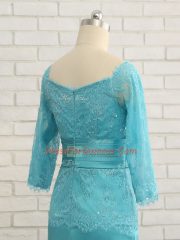 3 4 Length Sleeve Chiffon Zipper in Baby Blue with Lace and Appliques