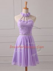 Traditional Sleeveless Mini Length Lace and Appliques Lace Up Vestidos de Damas with Lavender