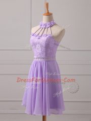 Traditional Sleeveless Mini Length Lace and Appliques Lace Up Vestidos de Damas with Lavender