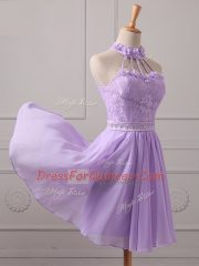 Traditional Sleeveless Mini Length Lace and Appliques Lace Up Vestidos de Damas with Lavender