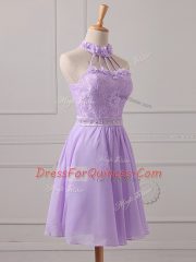 Traditional Sleeveless Mini Length Lace and Appliques Lace Up Vestidos de Damas with Lavender