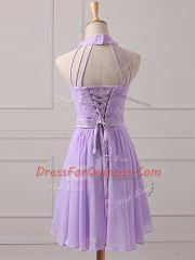 Traditional Sleeveless Mini Length Lace and Appliques Lace Up Vestidos de Damas with Lavender