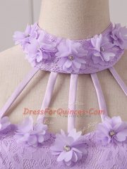 Traditional Sleeveless Mini Length Lace and Appliques Lace Up Vestidos de Damas with Lavender