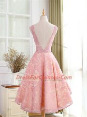 Bateau Sleeveless Backless Pink Lace