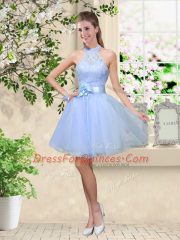 Hot Sale Lavender Tulle Lace Up Halter Top Sleeveless Knee Length Quinceanera Court of Honor Dress Lace and Belt