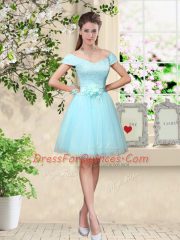 Aqua Blue Lace Up V-neck Lace and Belt Quinceanera Court of Honor Dress Tulle Cap Sleeves
