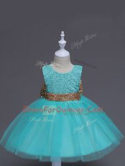 Designer Sleeveless Tulle Knee Length Zipper Flower Girl Dresses in Aqua Blue with Lace and Bowknot