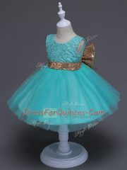 Designer Sleeveless Tulle Knee Length Zipper Flower Girl Dresses in Aqua Blue with Lace and Bowknot