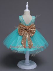 Designer Sleeveless Tulle Knee Length Zipper Flower Girl Dresses in Aqua Blue with Lace and Bowknot