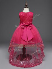 Traditional Champagne Tulle Zipper Scoop Sleeveless High Low Flower Girl Dresses for Less Lace and Bowknot and Hand Made Flower