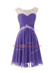 Cap Sleeves Chiffon Knee Length Zipper Prom Dress in Lavender with Beading