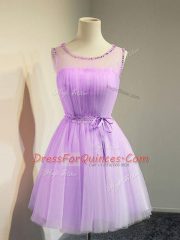 Knee Length Lace Up Dama Dress Lavender for Prom and Party and Wedding Party with Belt